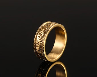 Herrenring, Vintage gemusterter Goldbandring - 18K Goldbandring - Minimalistischer Ring - Goldring für den Finger - Ringe für Männer - Herrenschmuck Geschenk