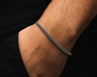 Mens Bracelet, Silver Flat Cuban Bracelet Chain, 3mm Flat Curb Chain, Adjustable Steel Boys Bracelets For Men - Mens Jewelry Gifts UK
