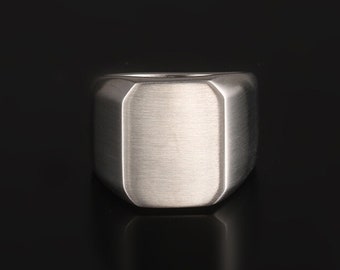 May include: A silver signet ring with a brushed finish and a rectangular face.