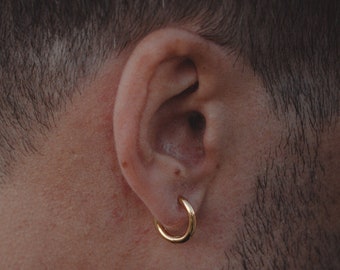 Mens Earrings - 15mm 18K Gold Hoop Earrings - Chunky Huggie Styled Earrings For Men - Silver Hoop Earrings Men - Minimalist Mens Jewellery