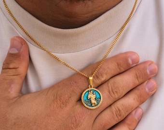 Collar para hombre - Collar con colgante de San Cristóbal en oro de 18 quilates para hombre - Cadena con colgante de San Cristóbal - Colgante azul de Cristo para hombre