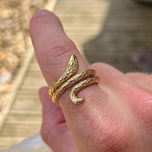 May include: A gold snake ring with a textured design. The ring is wrapped around a finger.