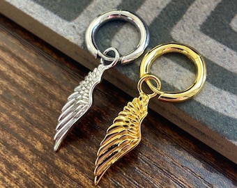 Mens Earrings, Silver Wing Dangle Earrings, Angel Wing Earrings, 18K Gold Earrings 15mm Hoops, Earrings for Men / Women - Mens Jewellery