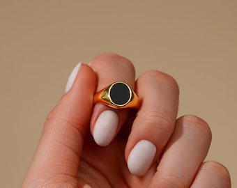 18K Gold Onyx Ring - Schwarzer Siegelring für Frauen - Chunky Gold Siegelring - Silber Siegelring - Damenschmuck - Von Twistedpendant