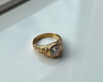 Gold Diamond Signet Ring Men, Mens Pinky Ring, Mens Jewelry, Patterned Signet Rings For Men, 18K Gold Plated Signet Ring - By Twistedpendant