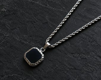 Mens Necklace - Silver Rope Onyx Pendant Necklace For Men - Minimalist Black & Silver Pendant Chain - Silver Rope Chain Pendant Mens Jewelry
