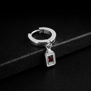 Mens Earring - Small Vintage Ruby Red Gemstone Earring For Men - Silver Dangle Earrings - Mens Jewelry - Minimal Silver Hoop Dangle Stone