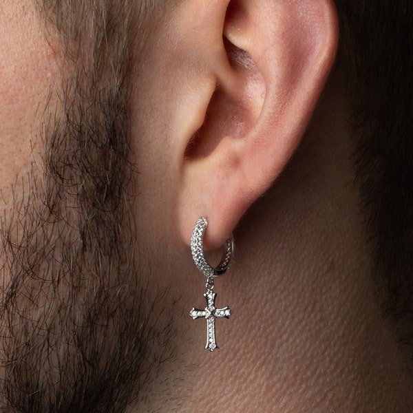 Mens Earrings - Diamond Cross Hoop Earring For Men - Mens Cross Earrings - Silver Cross Hoop Dangle - Mens Jewelry By Twistedpendant