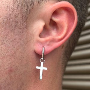925 Silver Cross Earring - Mens Hoop Cross Earring - Dangle Earring For Men - Mens Jewelry - Simple Drop Earrings By Twistedpendant