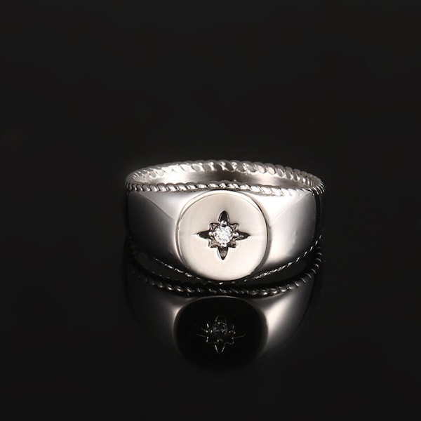 Silver North Star Signet Ring - Mens Ring, CZ Diamond Signet Ring For Men, Mens Pinky Ring, Mens Jewelry- Mens Signet Ring - Valentines Gift