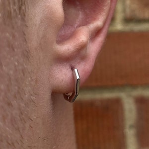 Mens Hoop Earrings -  Silver 12mm Mens Mini Huggie Hoop Earrings - Octagon Styled Hoops for Men - Mens Earrings Gifts - By Twistedpendant