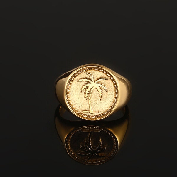 Mens Ring - 18K Gold Signet Ring - Palm Tree Ring - Gold Signet Ring Mens - Mens Pinky Ring - Rings for Men - Gold Rings Jewelry Gift Him