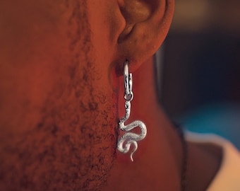 Puede incluir: Un pendiente de serpiente de plata con un diseño de aro. El pendiente se lleva en la oreja izquierda de una persona.
