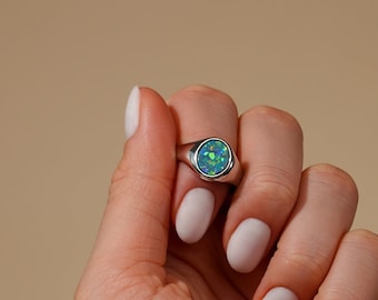 Srebrny pierścień sygnetowy - Zielony pierścień sygnetowy z opalem damskim - Srebrny pierścień z kamieniem szlachetnym - Pierścionki dla kobiet - Pierścień sygnetowy damski - Pierścionki midi boho