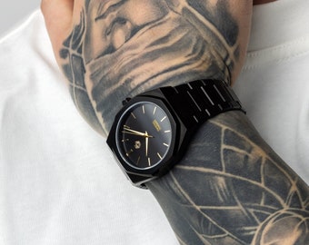 Mens Watch - Black Stainless Steel Wristwatch - Black & Gold Japanese Movement Watch Gift Box Men Jewelry - Watch For Men By Twistedpendant