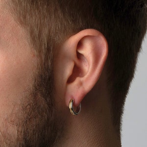 Mens Earrings, Mens Silver / Gold Earrings, 15mm 18K Gold Hoop Earrings For Men, Chunky Patterned Hoop Earring, Minimalist Earring Gifts
