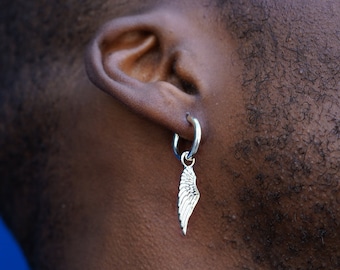 Mens Earring - Silver Dangle Hoop Earrings For Men - Angel Wing Earring Dangle - Mens Wing Earring - Mens Jewelry - By Twistedpendant