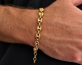 Mens Bracelet - 18K Gold Mariner Bracelet - Hammered Solid Mariner Link Chain Bracelet - Mens Gold Bracelet Chain - 7mm Thick Coffee Bean