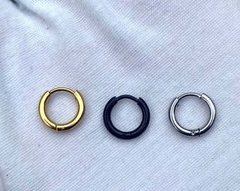 Mens Earrings - Silver Hoop Earrings Men 18K Gold 12mm Hoops Black Huggie Earrings Mens Jewellery UK, Mens Hoop Earrings - By Twistedpendant