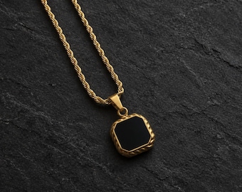 18K Gold Onyx Pendant Necklace For Men - Rope Onyx Gemstone Mens Necklace - Gold Chain With Black Pendant - Mens Jewellery Gifts UK