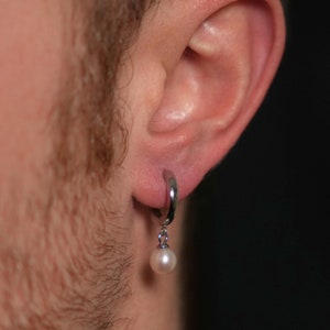 Mens Earrings - Pearl Dangle Earring For Men - Tudor Earring - Stainless Steel Natural Pearl Earring - Silver Earring Dangle Mens Jewelry