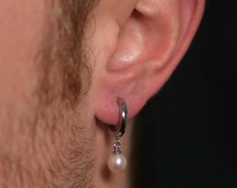 Mens Earrings - Pearl Dangle Earring For Men - Tudor Earring - Stainless Steel Natural Pearl Earring - Silver Earring Dangle Mens Jewelry