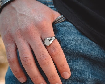 Mens Ring - Silver Pearl Signet Ring Men - Mens Pearl Rings - White Gemstone Pinky Ring - Silver Rings For Men - 18K Gold Signet Ring Gifts