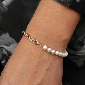 Mens Bracelets, 18K Gold Rope Bracelet Men - Shell Pearl Bracelets, 6mm Mens Pearl Bracelet Chain, Mens Jewellery - By Twistedpendant