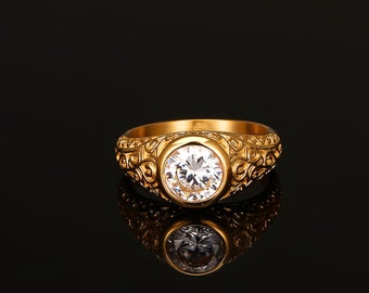 Anillo de sello de diamantes de oro de 18K - Anillo para hombre - Anillo meñique de oro para hombres - Anillo de piedra preciosa con patrón de oro para hombre - Anillo minimalista de Twistedpendant