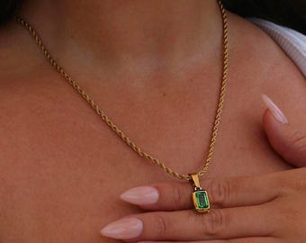 18K Gold Necklace - Emerald Styled Gem Necklace - Gold Chain With Gem - Womens Jewelry - Necklace For Women - Gemstone Pendant Necklace