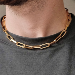 Gold Necklace Chain PaperClip Link Choker 7mm Gold plated Stainless Steel Toggle Clasp Streetwear Mens Gold Chain - By Twistedpendant