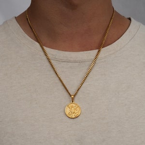 Mens Necklace - 18K Gold Saint Michael Pendant Necklace - Gold Chain With Circle Pendant - St Michael Necklace For Men By Twistedpendant