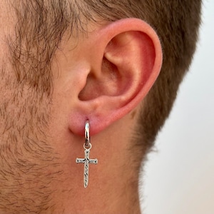 Mens Earring - SILVER Cross Earrings, Mens Silver Cross Dangle Earrings, Mens Hoop Earrings, Dagger Cross Earrings, Mens Jewellery