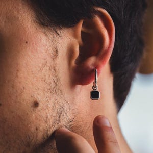 Mens Earring - Silver Dangle Earring With Black Onyx Gemstone - Mens Dangle Earring - Hoop Drop Earring For Men - Minimalist Earring Jewelry