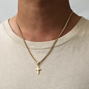 Mens Necklace, Gold Cross Necklace Men, Mens Cross Necklace For Men, Small Sterling Silver Cross Crucifix Pendant, 18K Gold Cross Chain Man