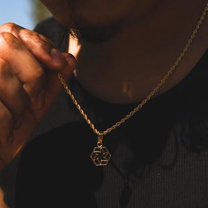 Mens Necklace - Gold Black Stone Pendant Necklace For Men - Gold Twisted Pendant Hexagon Pendant - Gold Pendant Men - Mens Jewellery Gifts