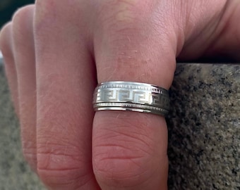 Mens Ring Greek Key Pattern Silver Polished Band Ring Mens Stainless Steel Ring Mens Jewelry Gift for Him Streetwear Ring - Twistedpendant