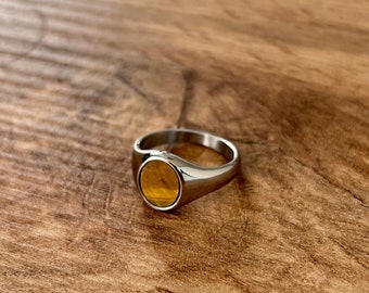 Mens Ring Tigers Eye Silver Ring - 18K Gold Gemstone Ring - Mens Signet Rings - Gold Signet Ring - Rings for Men - Silver Pinky Ring Gifts