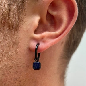 Mens Earrings - Black Hoop Dangle Earrings with Blue Lapis Lazuli Gemstone, Mens Silver Dangle Earring, Dangle Earrings For Men Jewelry