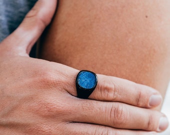 Black Lapis Lazuli Ring - Mens Ring - Large Black Gemstone Ring - Blue Lapis Signet Ring For Men - 18K Gold / Silver Rings With Stone Gifts