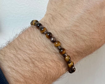 Mens Bracelets, Tigers Eye Bead Bracelet Chain, Vintage Gold Bead & Ball Bracelets For Men / Women- Adjustable Gemstone Bracelet Men Jewelry