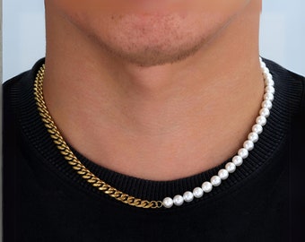 Mens Necklace, Half Pearl Half Chain Necklace for Men, 18K Gold