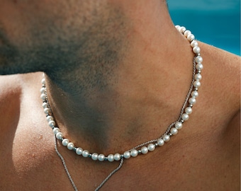 Mens Pearl Necklace Chain - 6MM Shell Pearl Necklace Men, Silver Chain With Pearls- Mens Jewelry - Minimalist Necklaces By Twistedpendant