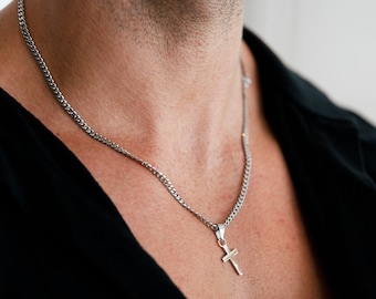 Mini Silver Cross Necklace For Men - 925 Silver Cross Pendant - Silver Cross With Chain - Mens Necklace - Mens Jewelry By Twistedpendant