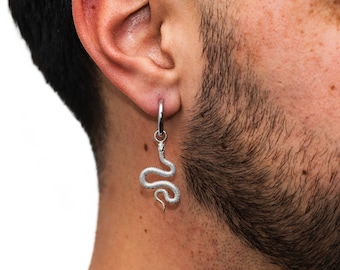 Puede incluir: Un pendiente de serpiente de plata con un diseño de aro. El pendiente se lleva en la oreja izquierda de una persona.