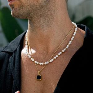 18K Gold Onyx Anhänger Halskette - Herren Goldkette - Schwarzer Onyx Edelstein Anhänger Herren - Dünne Goldkette mit Anhänger, Minimalistischer Herrenschmuck