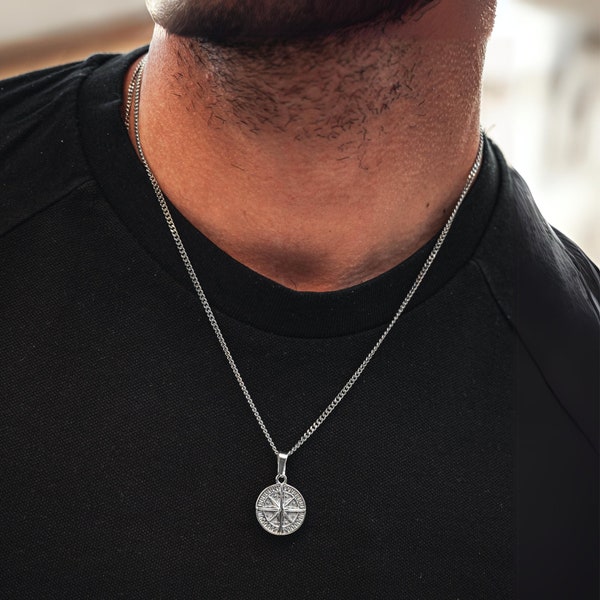 Mens Silver Compass Necklace, Mens Necklace North Star Pendant - Minimalist Silver Chain Mens Pendant - Mens Jewellery - By Twistedpendant