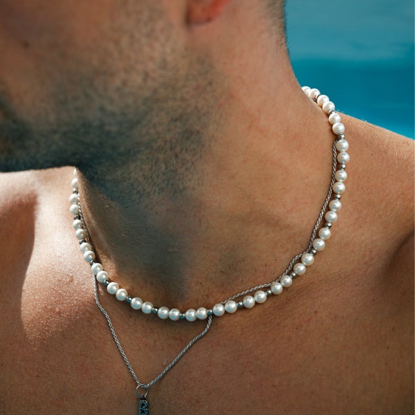 Chaîne de collier de perles pour homme - Collier de perles de coquillages 6 mm pour homme, chaîne en argent avec perles - Bijoux pour homme - Colliers minimalistes torsadés