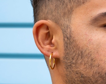 Mens Gold Hoop Earrings - 12mm/18mm Mens Hoop Earrings - Hoops for Men - Small / Large 18K Gold Hoop Earrings For Men - Mens Jewelry Gifts