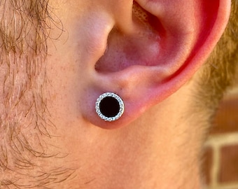 Mens Earrings Round Black Onyx Diamond Stud Earrings for Men, Silver Stud Earrings Onyx Stone Earring - Mens Jewelry, Fathers Day Gift